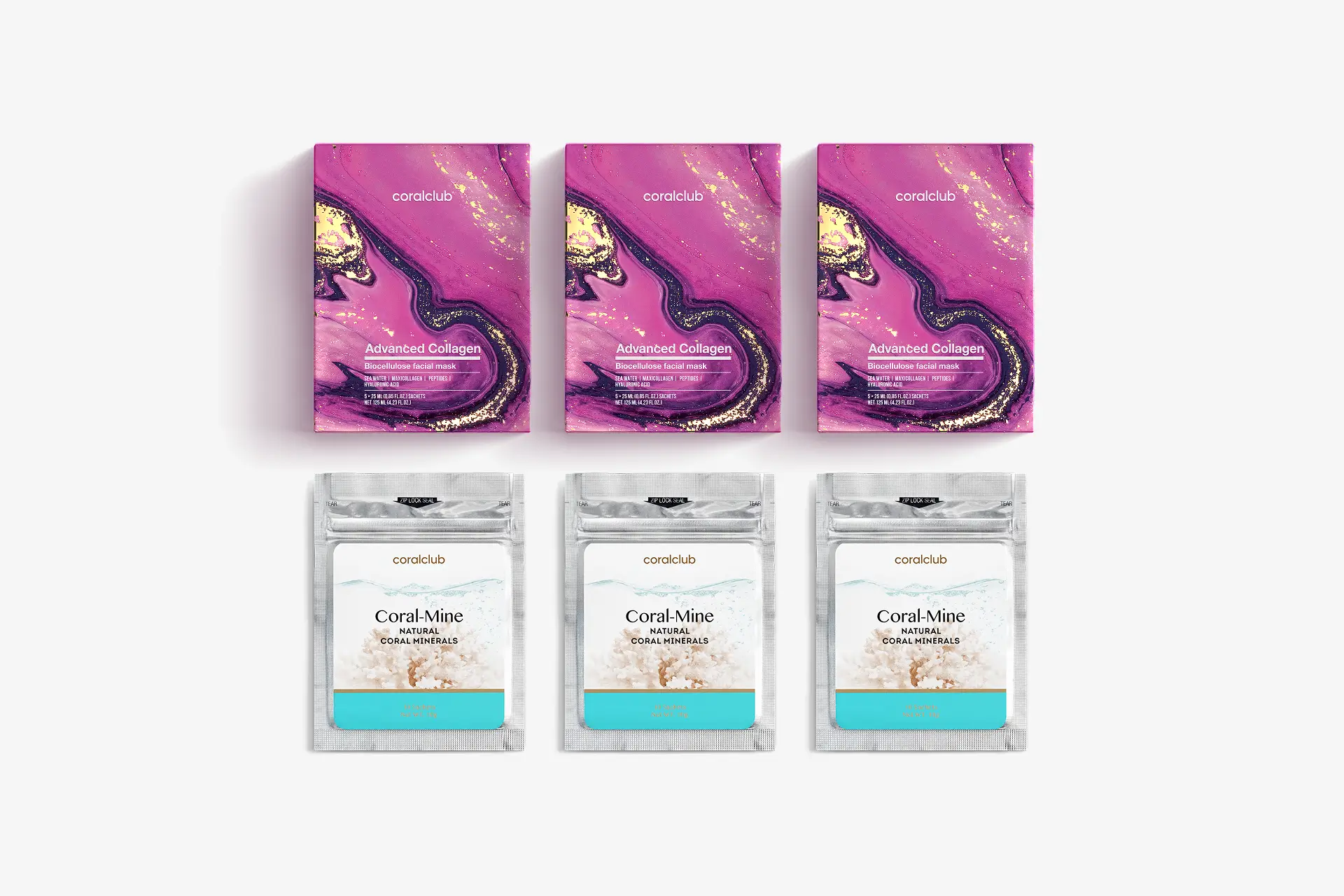 Advanced Collagen Biocellulose facial mask, 25 מ"ל, 15 יחידות. + Coral-Mine, 30 שקיות 1 גרם