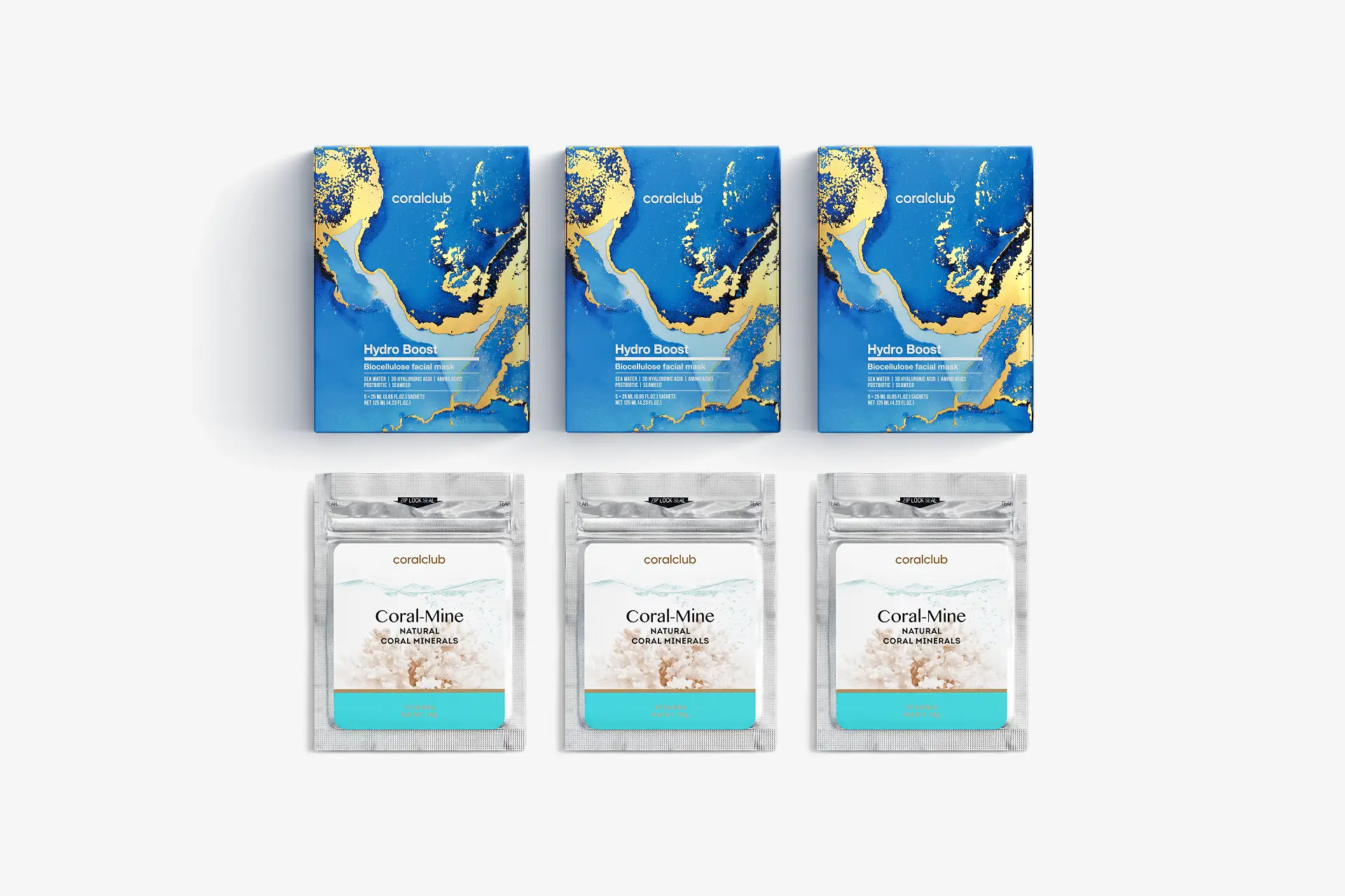 Hydro Boost Biocellulose facial mask, 25 מ"ל, 15 יחידות. + Coral-Mine, 30 שקיות 1 גרם
